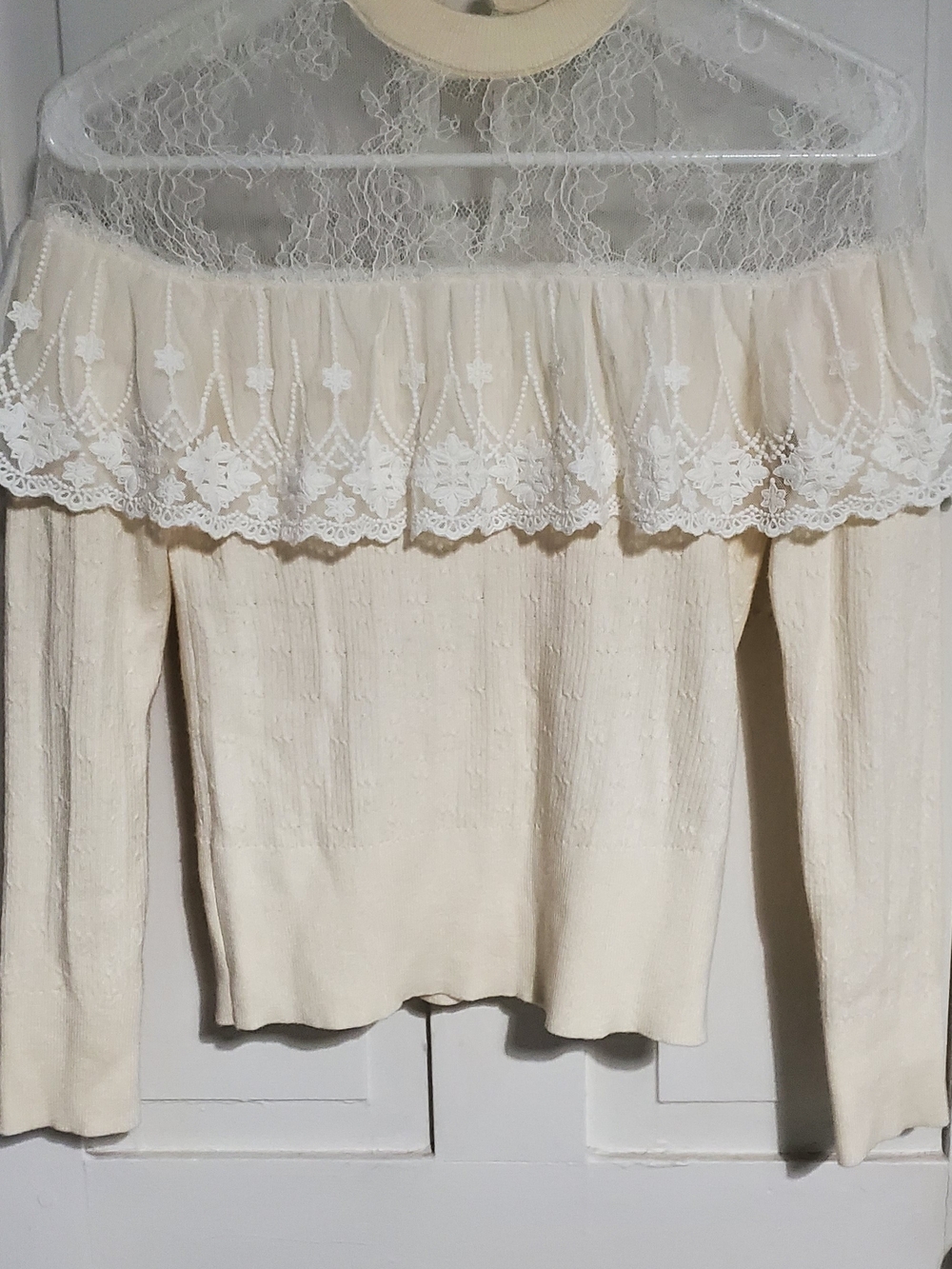 Cream Mock Neck Lace Yoke Sweater